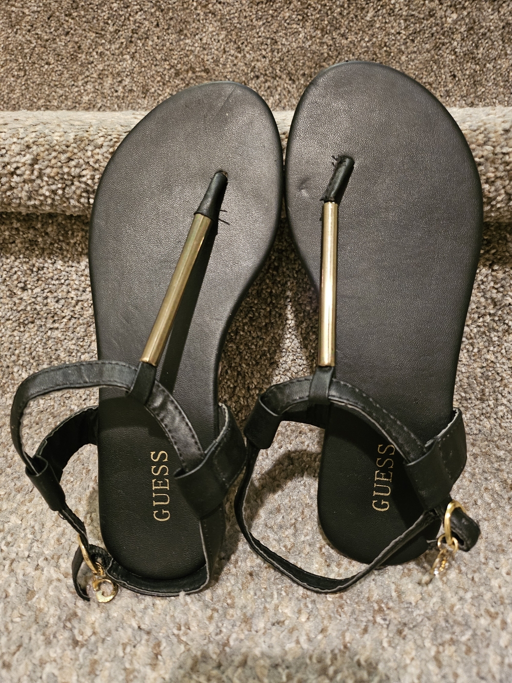 GUESS Black Sandals with Gold Bar Accent